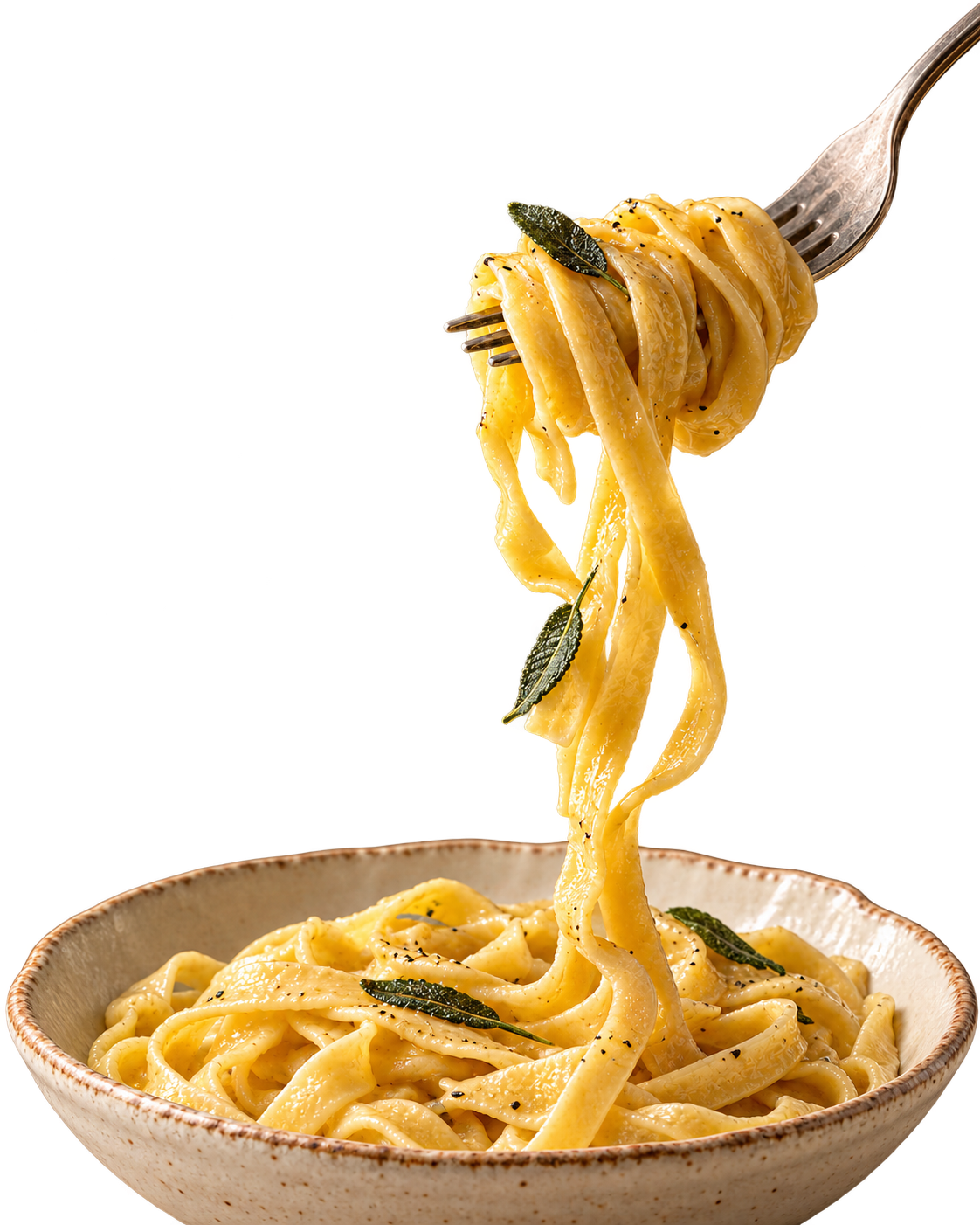 Glossy tagliatelle lifted from a ceramic bowl on a fork