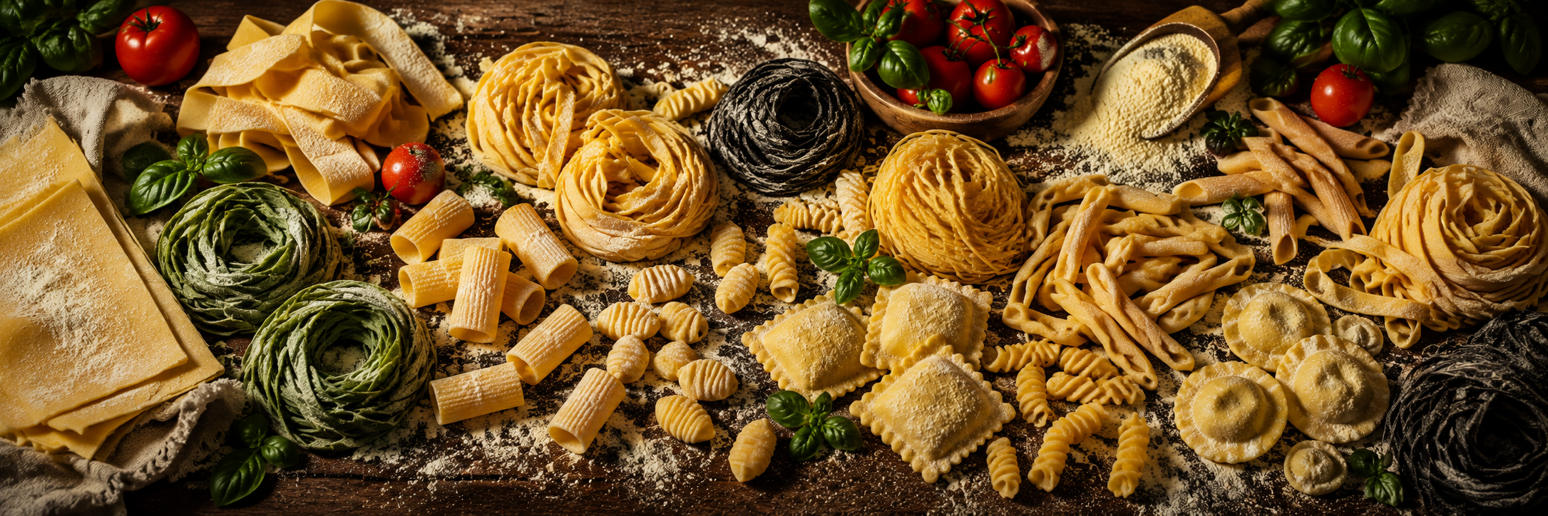 A generous assortment of fresh pasta and ravioli arranged across the workshop table